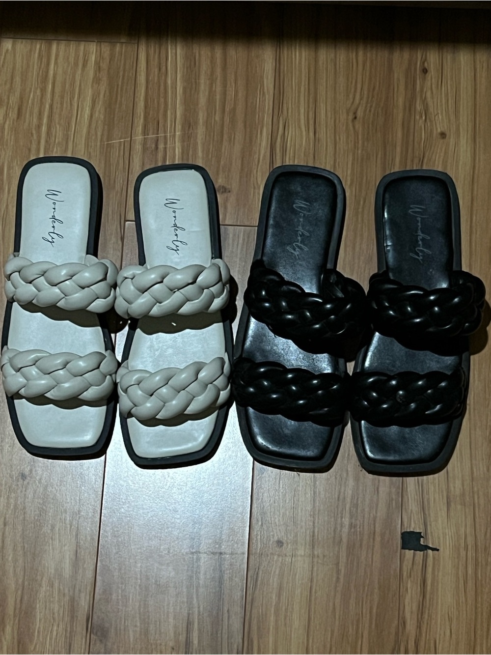 Woven Double-Strap Slide Sandals in Black and Cream